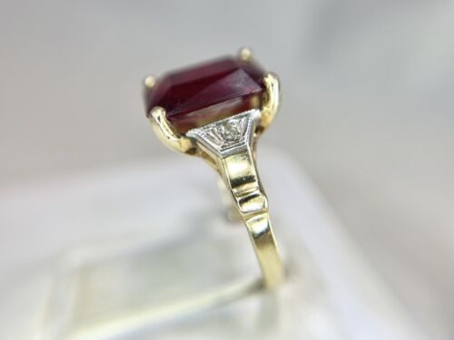 Vintage Deco 10k Yellow Gold Emerald Cut Rhodolite Garnet Round Diamond Ring