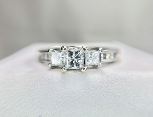 14k White Gold Signed Designer Natural Princess Cut Diamond Engagement Ring