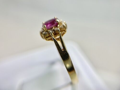 Vintage 14k Yellow Gold Natural Oval Red Ruby Round Diamond Halo Ballerina Ring