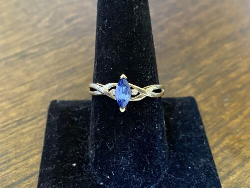 Vintage 10k Yellow Gold Marquise Blue Sapphire Round Natural Diamond Ring