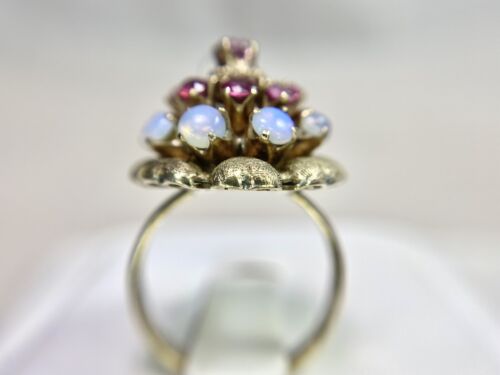 Vintage 14k Yellow Gold Round Red Pink Ruby White Opal Big Cocktail Ring