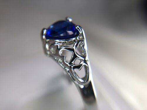 Estate 9k White Gold Heart Shape Synthetic Blue Sapphire Filigree Ring