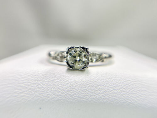 Vintage Art Deco 14k White Gold Natural Round Diamond Classic Engagement Ring