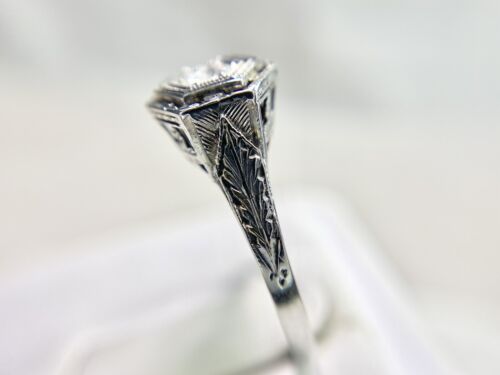 Art Deco 14k White Gold Old European Diamond Filigree Small Engagement Ring