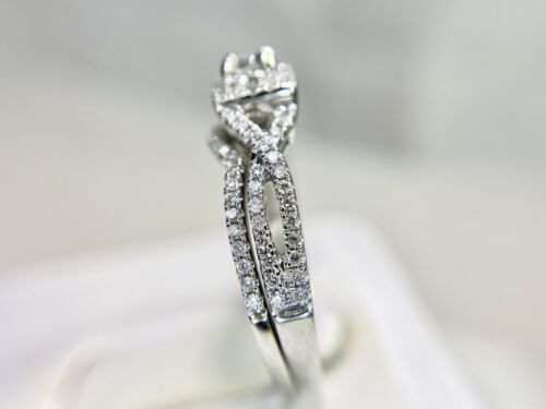 14k White Gold Designer Natural Round Diamond Wedding Band Engagement Ring Set