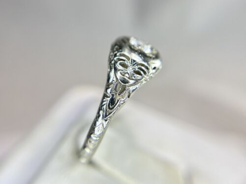 Art Deco 18k White Gold Natural Old Cut Round Diamond Filigree Engagement Ring