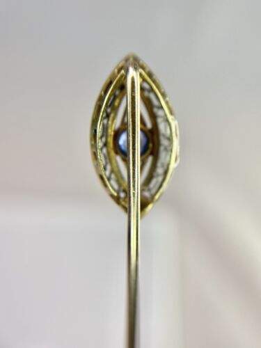 Art Deco 14k Yellow Gold Natural Round Blue Sapphire Marquise Filigree Stick Pin