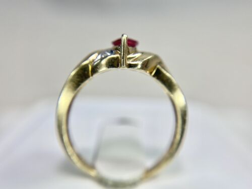 Vintage 10k Yellow Gold Signed Marquise Shape Red Ruby Round Diamond Ring