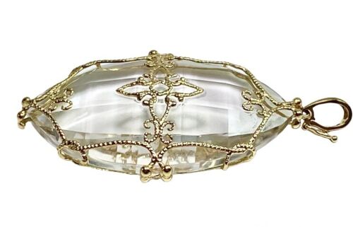 Vintage 14k Yellow Gold White Crystal Faceted Heavy Big Filigree Pendant