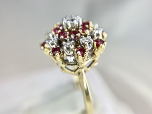 Vintage 14k Yellow Gold Natural Round Diamond Red Ruby Big Cocktail Ring 1.75 CT