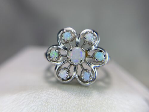 Vintage 14k White Gold Round White Opal Flower Shape Cocktail Ring