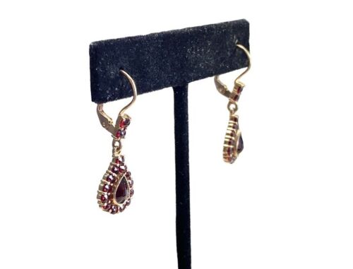 Vintage 14k Yellow Gold Natural Pear Shape Rhodolite Garnet Dangle Earrings 