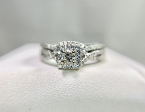 14k White Gold Designer Natural Round Diamond Wedding Band Engagement Ring Set