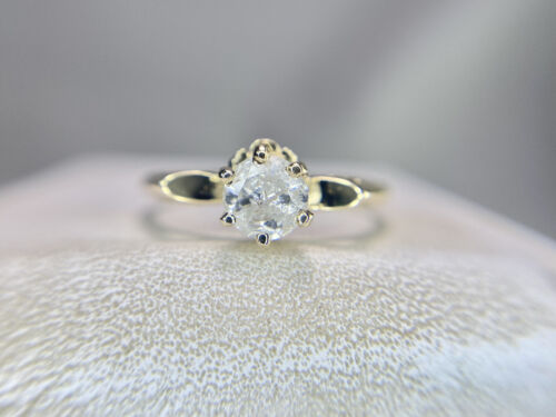 Vintage 10k Yellow Gold Natural Round Rustic Diamond Solitaire Engagement Ring