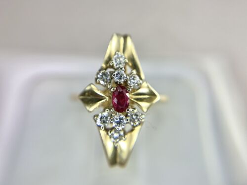 Vintage 14k Yellow Gold Natural Oval Red Ruby Round Diamond Long Cocktail Ring