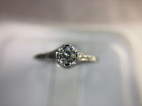 Vintage Art Deco 18k White Gold Round Natural Diamond Filigree Engagement Ring 