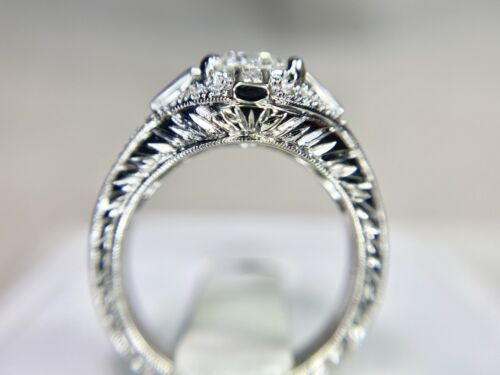 Vintage 18k White Gold Natural Baguette Cut Round Diamond Engagement Ring