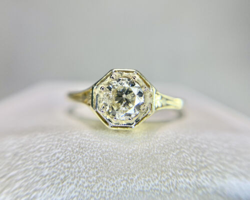 Vintage Art Deco 14k Yellow Gold Round Diamond Filigree Engagement Ring 1/2 ct