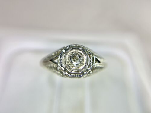 Art Deco 18k White Gold Natural Old European Diamond Filigree Engagement Ring