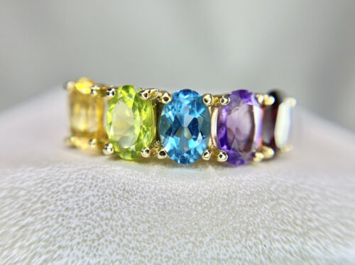 Estate 14k Yellow Gold Oval Shape Rainbow Color Gemstone 5 Stone Ring 2.50 ct