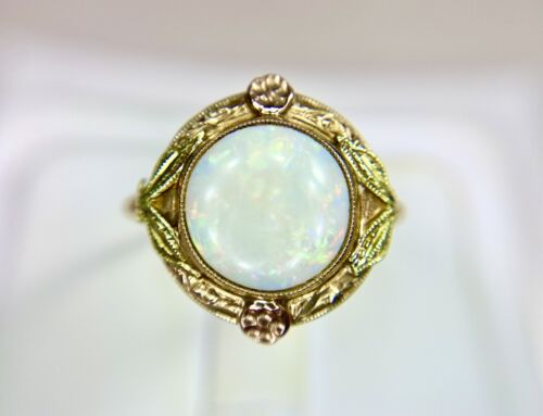 Vintage 10k Yellow Gold Natural Round White Opal Bezel Set Flower Cocktail Ring