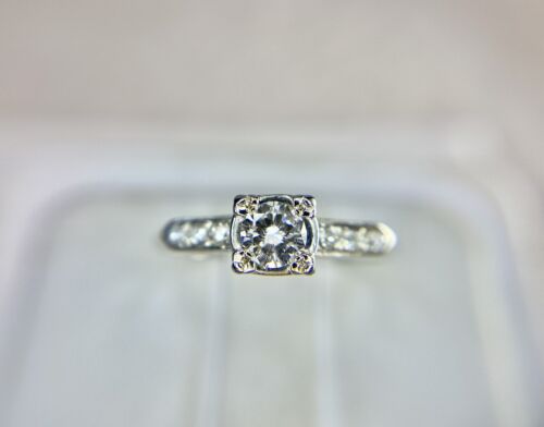 Vintage Art Deco 14k White Gold Round Old Cut Diamond Engagement Ring 1/3 TCW