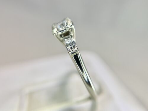 Vintage Art Deco 14k White Gold Natural Round Diamond Engagement Ring