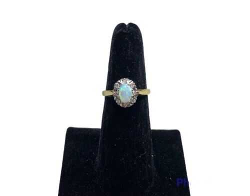 Vintage 18k Yellow Gold Natural Oval Opal Round Single Cut Diamond Halo Ring