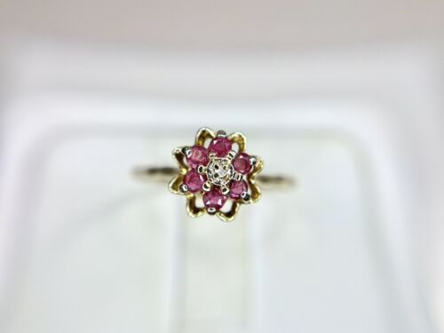 Vintage 10k Yellow Gold Natural Round Red Ruby Diamond Flower Ring