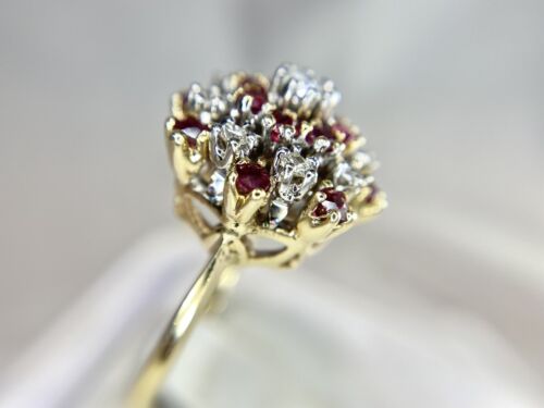 Vintage 14k Yellow Gold Natural Round Diamond Red Ruby Big Cocktail Ring 1.75 CT