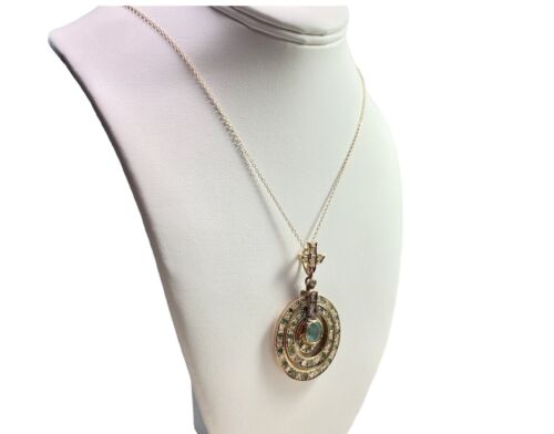 Vintage 14k Rose Gold Natural Green Emerald Round Diamond Pendant Necklace