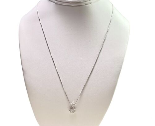 14k White Gold Natural Round Diamond Flower Shape Pendant Necklace