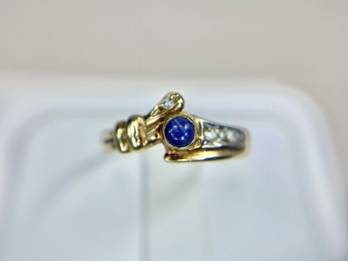 Art Deco 14k Yellow Gold Natural Blue Cabochon Sapphire Round Diamond Ring