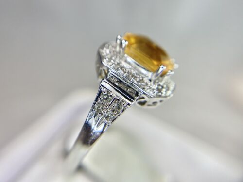 Vintage 14k White Gold Emerald Cut Orange Citrine Round Diamond Cocktail Ring