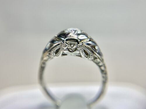 Vintage Art Deco 18k White Gold Natural Round Diamond Filigree Engagement Ring