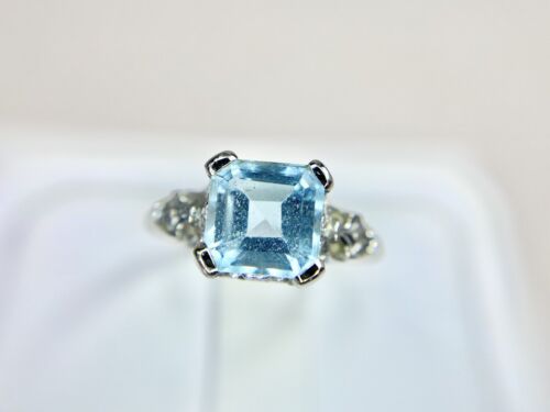 Vintage 10k White Gold Square Cut Blue Topaz Flower Filigree Solitaire Ring