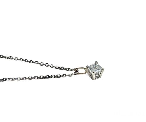 Vintage 14k White Gold Natural Square Radiant Cut Diamond Solitaire Necklace