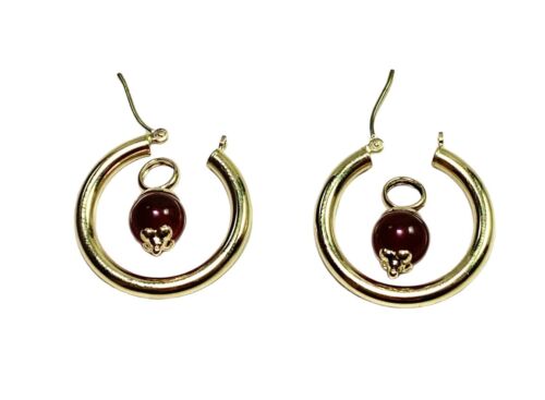 Vintage 14k Yellow Gold Round Red Gemstone Hallow Big Hoop Earrings