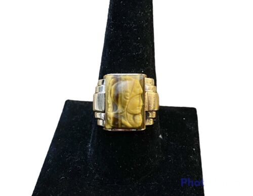 Vintage 10k Yellow Gold Intaglio Tiger eye Gemstone Cameo Big Cocktail Ring