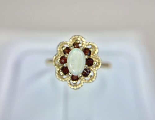 Vintage 10k Yellow Gold Oval White Opal Rhodolite Garnet Halo Cocktail Ring