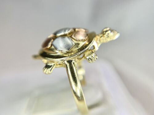 Vintage 14k Yellow Rose White Gold Hand Crafted Turtle Big Cocktail Ring