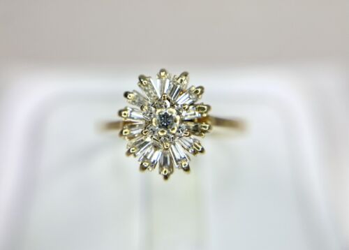 Vintage 14k Yellow Gold Natural Round Baguette Cut Diamond Small Cocktail Ring