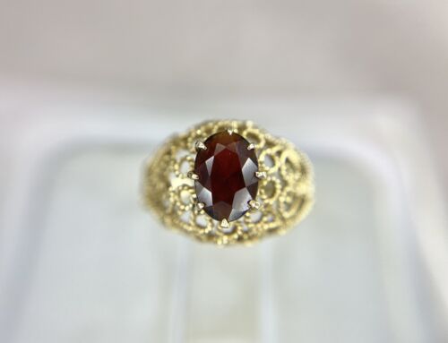 Art Deco 14k Yellow Gold Oval Shape Rhodolite Garnet Filigree Cocktail Ring