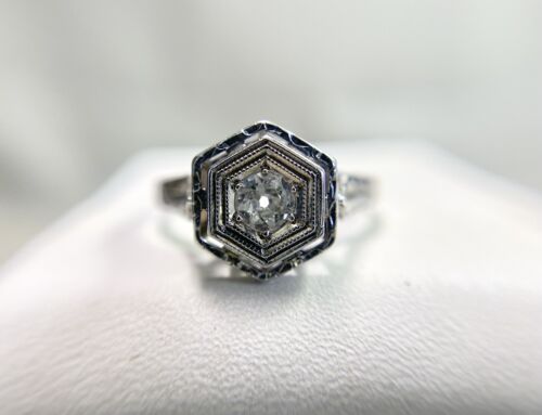 Art Deco 14k White Gold Old European Diamond Filigree Small Engagement Ring