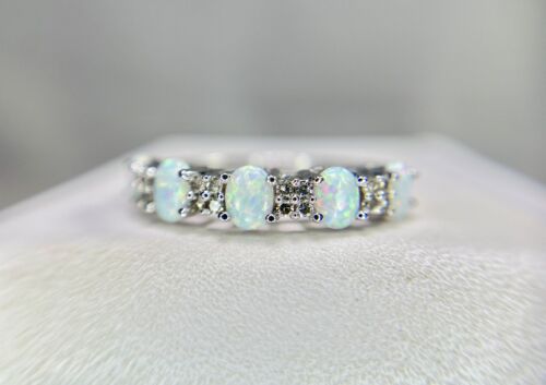 10k Designer Oval Shape White Opal Round Natural Diamond Band Ring