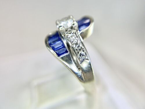 Art Deco 14k White Gold Natural Round Diamond Baguette Sapphire Engagement Ring