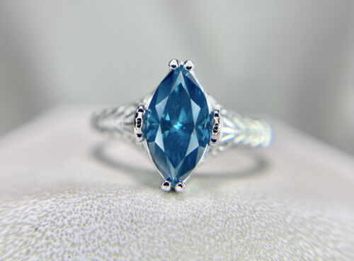 Art Deco 14k White Gold Fancy Blue Color Marquise Diamond Engagement Ring