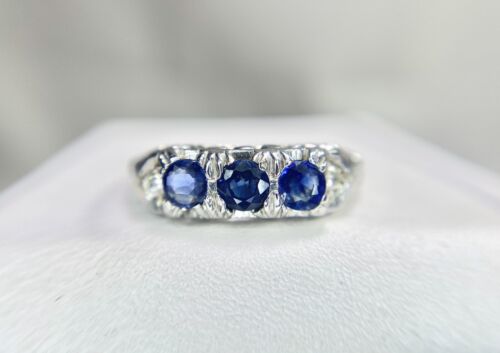 Vintage 18k White Gold Natural Round Blue Sapphire Diamond Filigree Ring