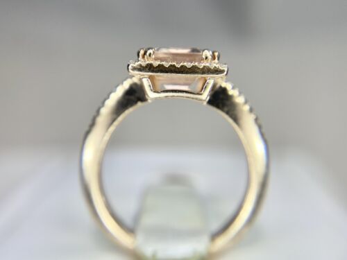 Vintage 14k Rose Gold Natural Emerald Cut Morganite Round Diamond Halo Ring