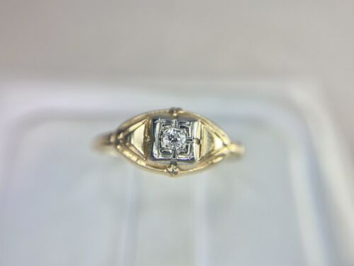 Vintage Art Deco 14k Yellow Gold Natural Round Diamond Small Engagement Ring